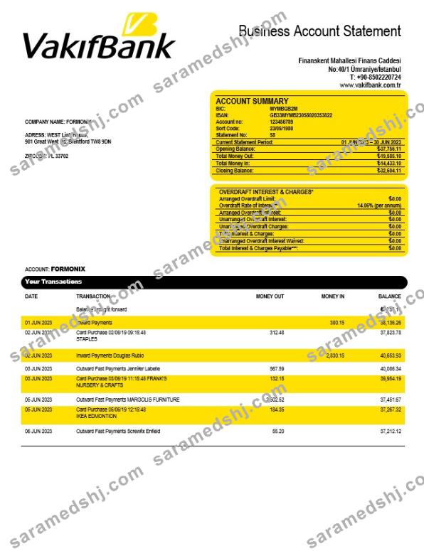 Vakifbank company account statement Word and PDF template